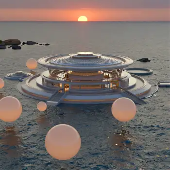 Futuristic Floating City at Sunset ocean cityscape