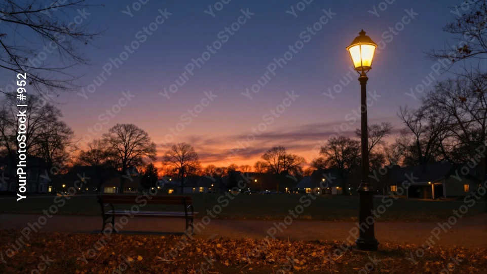 Park at Sunset with Golden Street Lamp orange sky
