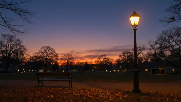 Park at Sunset with Golden Street Lamp orange sky