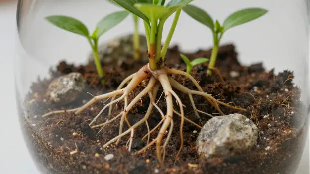 Close-up of a thriving plant in a glass terrarium growth
