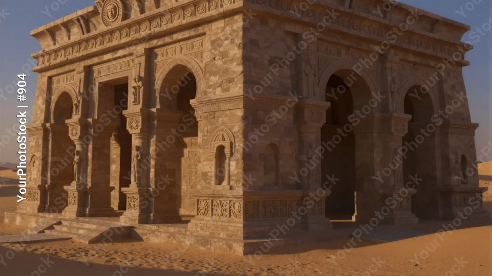 Ancient Temple in Desert Landscape monument carvings