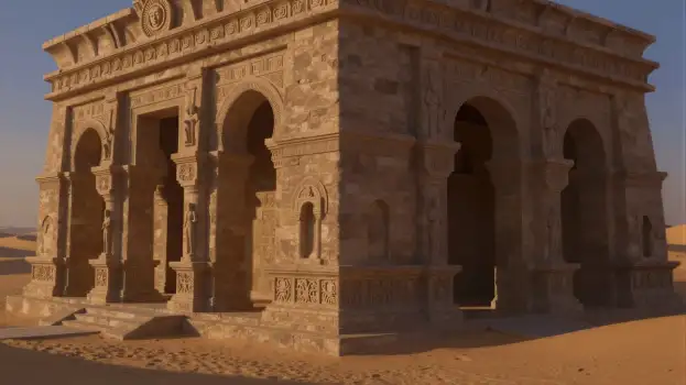 Ancient Temple in Desert Landscape monument carvings