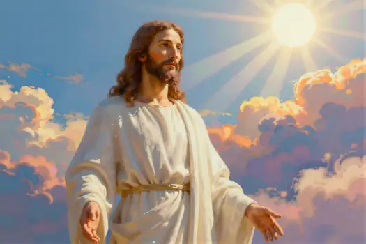 Jesus Christ standing in front of a beautiful sky