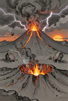Volcano Erupting at Night with Lava and Smoke