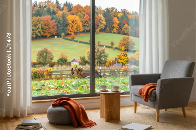 Autumn Living Room with Green Field View window view