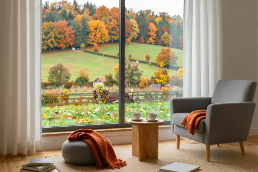 Autumn Living Room with Green Field View window view