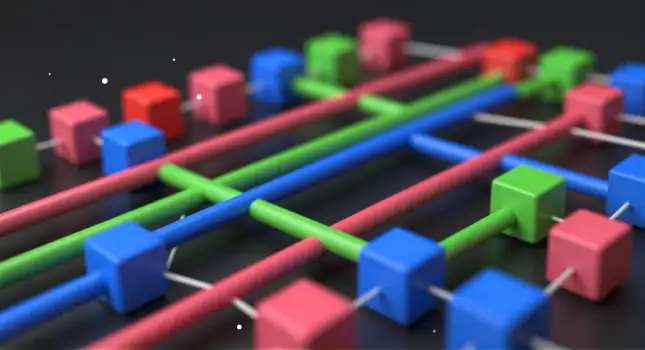 Colorful Cube Maze 3D Rendering top-down grid