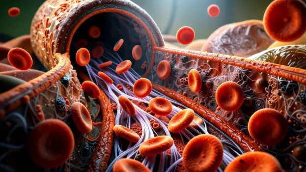 Microscopic View of Blood Cells and Coronavirus
