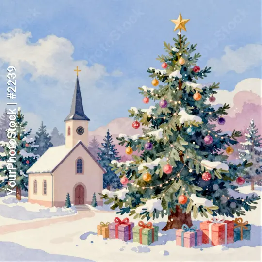 Snowy Church Landscape with Christmas Tree holiday