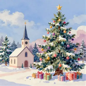Snowy Church Landscape with Christmas Tree holiday