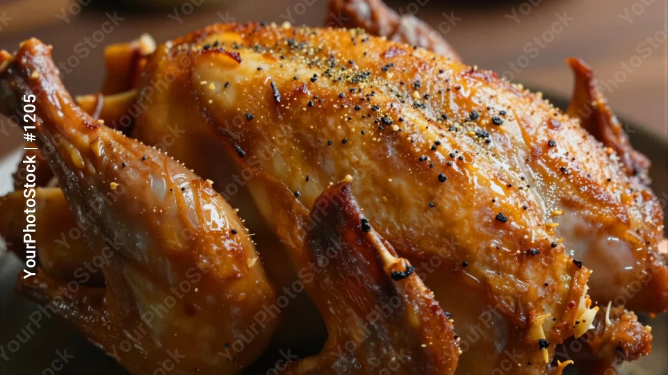 Roasted Chicken Close-Up On White Plate herbs