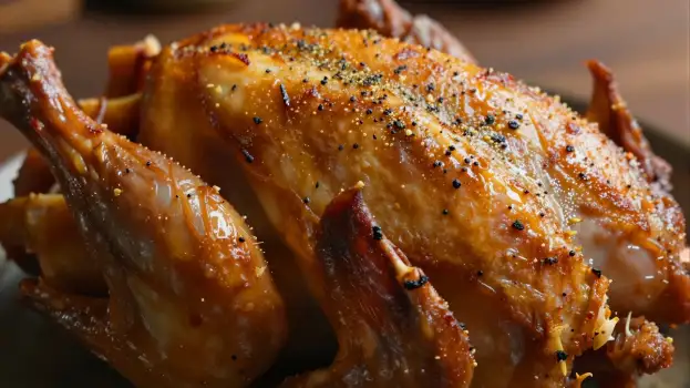 Roasted Chicken Close-Up On White Plate herbs