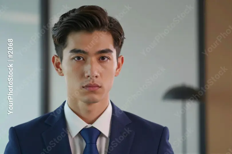 Young man in formal attire looking serious blue suit business
