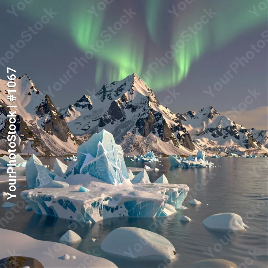 Snowy Mountain Range with Icebergs and Green Aurora