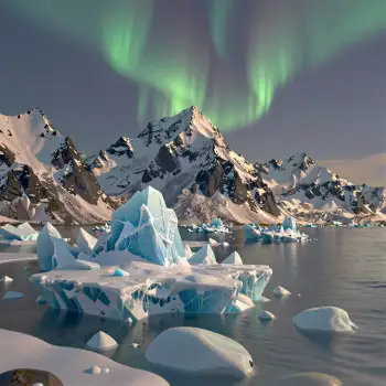 Snowy Mountain Range with Icebergs and Green Aurora