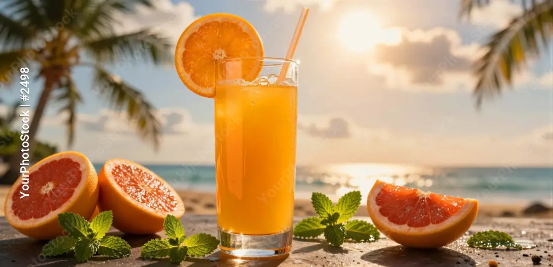 Tropical Ocean View with Glass of Orange Juice