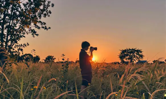 Person Taking Sunset Photo in Grass Field taking photo