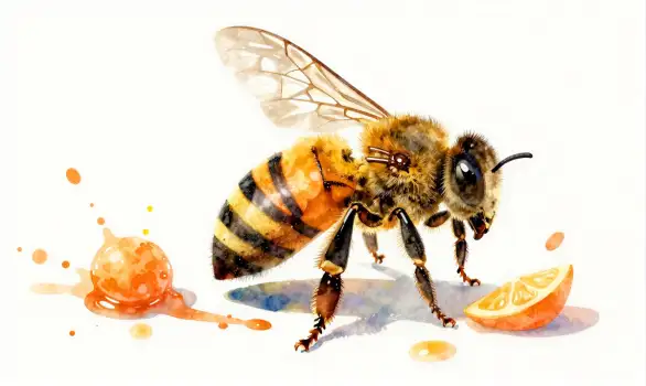 Bee with Honeycomb and Orange Fruit watercolor