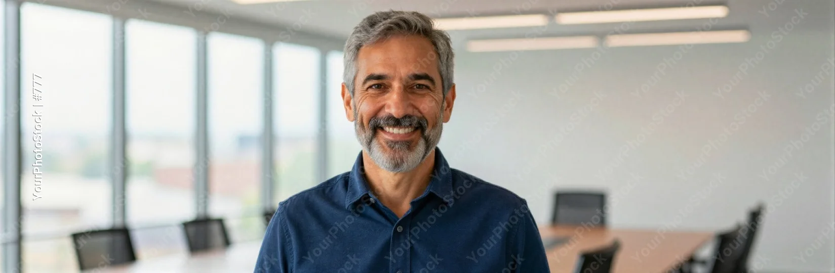 Middle-aged man smiling in modern office beard