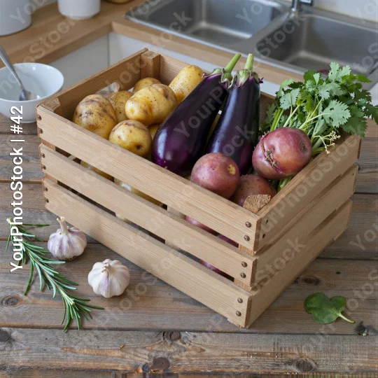 Fresh Vegetables in Wooden Crate on Kitchen Countertop
