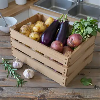Fresh Vegetables in Wooden Crate on Kitchen Countertop