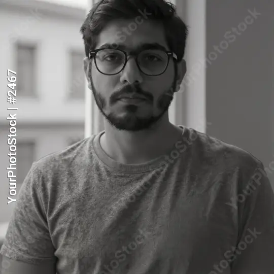 Young Man with Beard and Glasses Standing by Window black and white