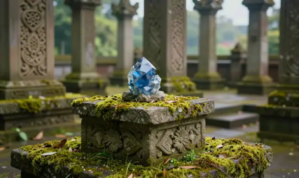 Gloomy Stone Pedestal with Blue Crystal green moss