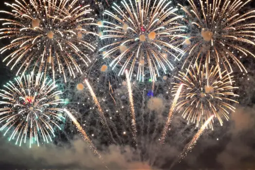 Nighttime fireworks explode over a festive scene.