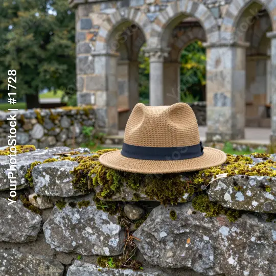 Beige Straw Hat on Stone Wall moss archway building