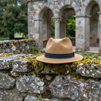 Beige Straw Hat on Stone Wall moss archway building