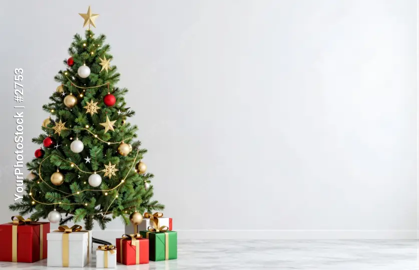 Festive Christmas Tree Decoration with Presents and Holiday Cheer