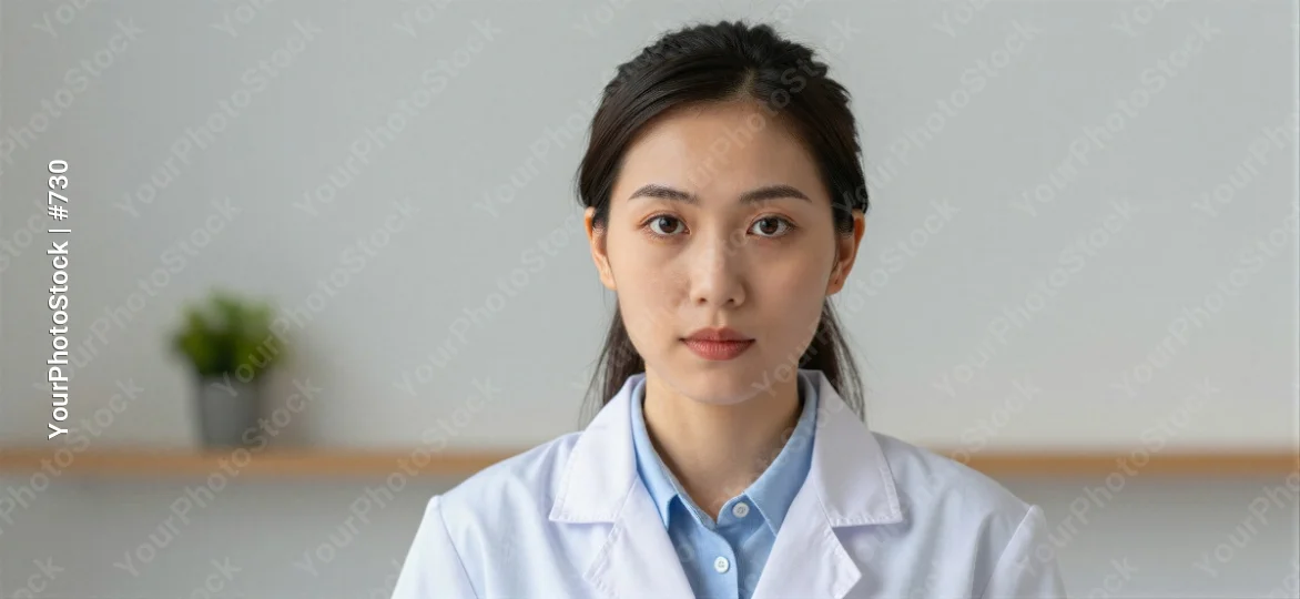 Young Asian Woman in Lab Coat Looking Serious