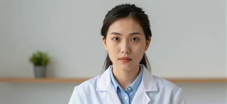 Young Asian Woman in Lab Coat Looking Serious