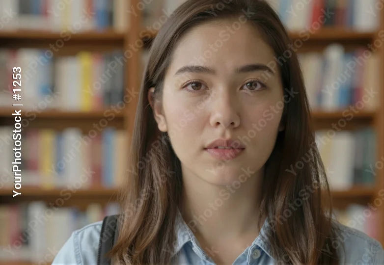 Young Woman Studying in Library bookshelves serious expression