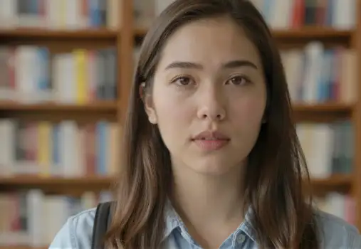 Young Woman Studying in Library bookshelves serious expression