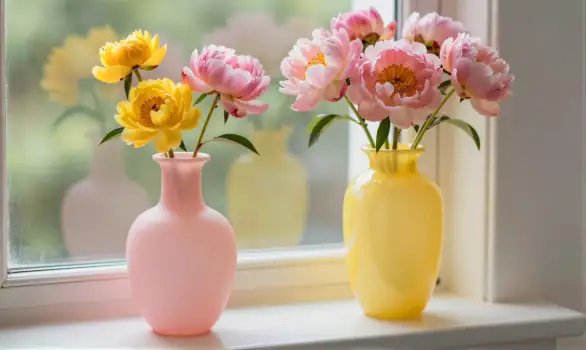 Two Vases on Windowsill with Pink Peonies flowers