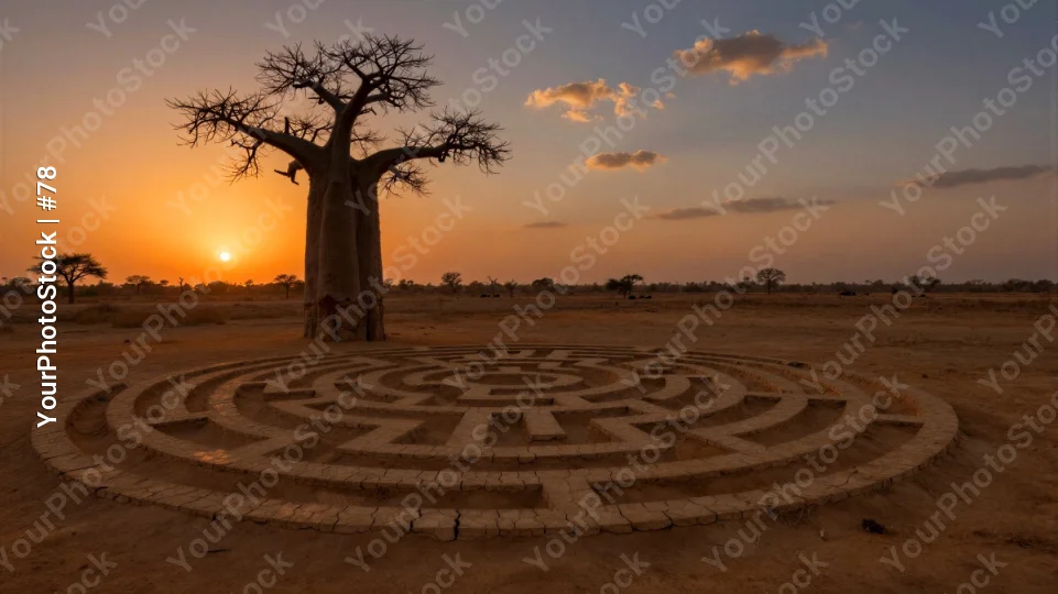 Baobab Tree in Desert Labyrinth stone maze landscape
