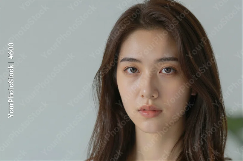 Serious Young Woman with Long Brown Hair Looking Directly at Camera
