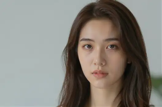 Serious Young Woman with Long Brown Hair Looking Directly at Camera