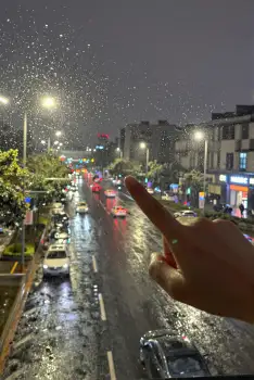 Person Pointing at Busy Night Street with Rain