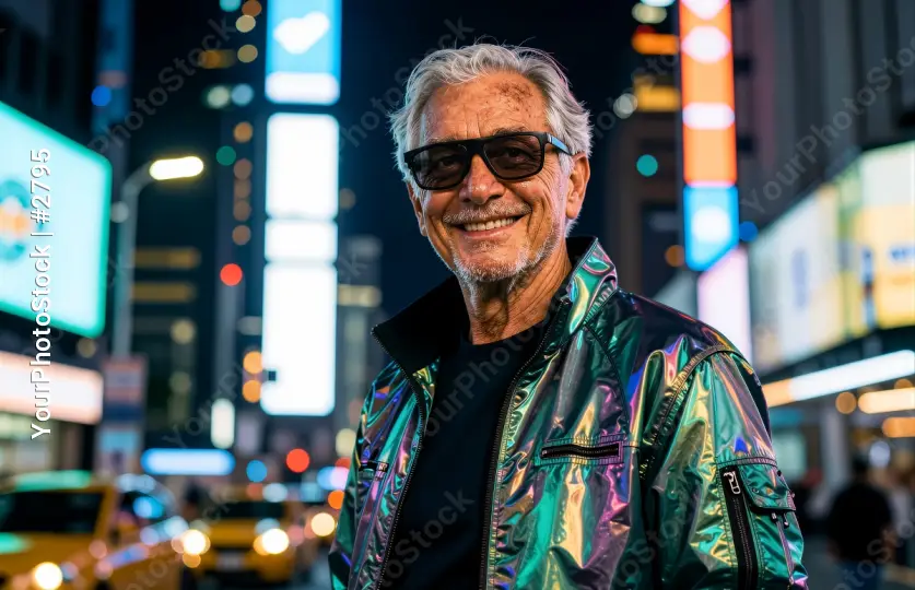 Stylish Man in Reflective Jacket on City Street at Night