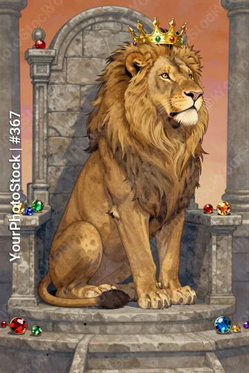 Fierce Lion Sitting on Stone Throne with Golden Crown illustration