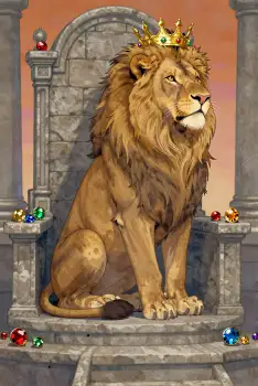 Fierce Lion Sitting on Stone Throne with Golden Crown illustration