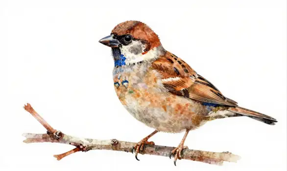 Small Sparrow Perched on Branch watercolor illustration