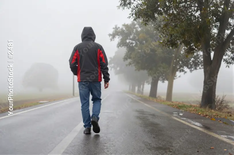 Person Walking on Wet Road in Fog trees blue jeans mindset