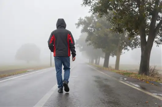 Person Walking on Wet Road in Fog trees blue jeans mindset
