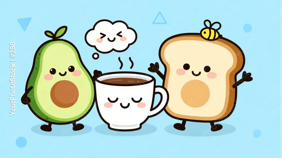 Avocado and Bread Cartoon Holding Thought Bubble illustration