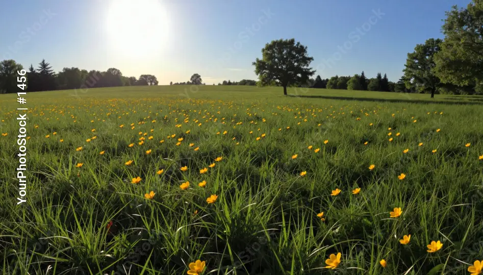 Bright Yellow Flowers Field grass trees sky sunshine