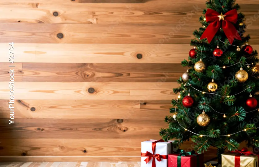Christmas Tree and Gifts on Wooden Wall with copy space