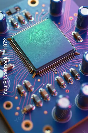 Close-up of Printed Circuit Board with Microchip and Components
